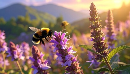 A close-up shot of a bumblebee on a purple flower in a field, with another bee and mountainous landscape in the background