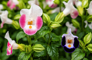 Two colorful Torenia flowers, one pink and one purple, glisten with raindrops amid lush green leaves.