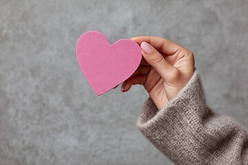 Fototapeta premium A person's hand holding a pink heart cutout against a textured gray background, wearing a sweater