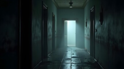 Theme Halloween, Abandoned gothic hallway, fog seeping from door cracks.