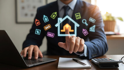 Naklejka premium Digital Real Estate Sales And Property Investment Technology Concept