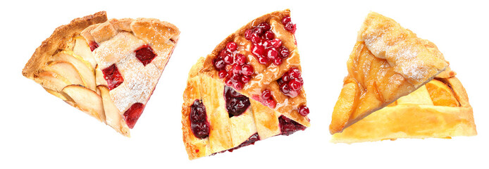 three distinct, artistically arranged slices of fruit pie, showcasing mixed berries, apples, and...