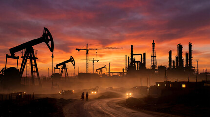 Silhouetted oil pumps and industrial structures against a vibrant sunset sky, with vehicles on a winding road, creating a dramatic atmosphere of energy production and environmental impact