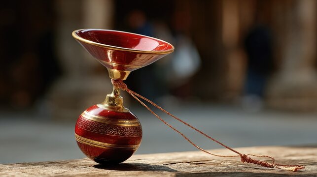 A Chinese diabolo yo-yo resting mid-spin above a wooden surface, its twin cups gleaming with glossy red and gold lacquer