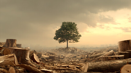 Obraz premium Lone Green Tree Standing Amidst Many Stumps Symbolizing Deforestation and Survival Hope 