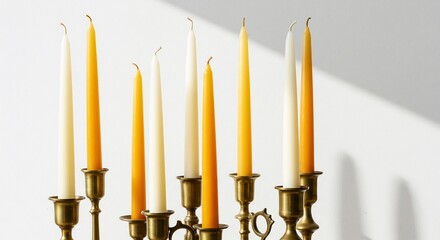 Multiple tall yellow and cream taper candles in brass holders beautifully illuminated by soft light casting subtle shadows. AI Generated