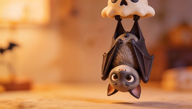 Close-up of a cute bat figurine hanging upside down with a skull above it on a blurred warmly lit background.