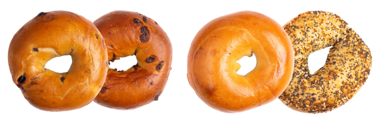 a selection of freshly baked bagels, including plain, raisin, and poppy seed varieties, presented in a clean, isolated arrangement.
