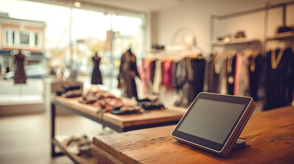 Modern Point Of Sale System With Blank Screen On Wooden Store Counter