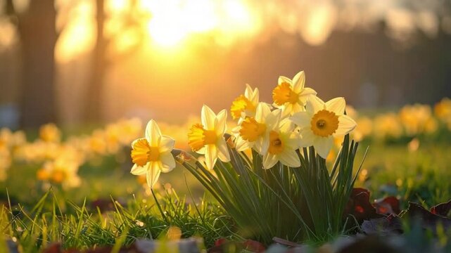Golden Daffodils Blooming in a Field at Sunset, Capturing the Essence of Spring