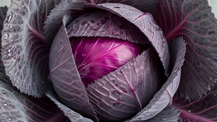 Close-up of a vibrant red cabbage head with layered leaves.