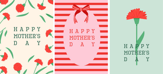 Three Happy Mothers Day cards with red carnations