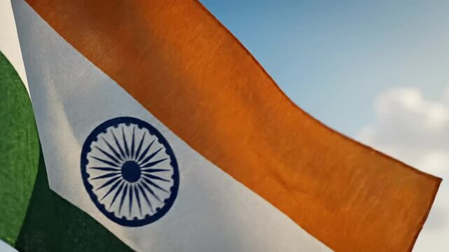 Close-up broll of a tricolor national flag waving dynamically against a bright blue sky, ideal for patriotic event media.