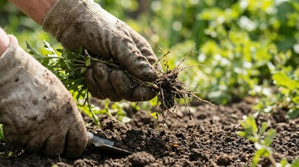 Woman gardener in work gloves removes weed from soil. Concept of organic farming and horticulture, garden maintenance and care.