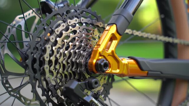 Close-up of a bicycle's rear cassette and chain, showcasing its mechanical components.
