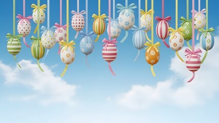 Happy easter sunday celebration with colorful hanging easter eggs and bunny decorations
