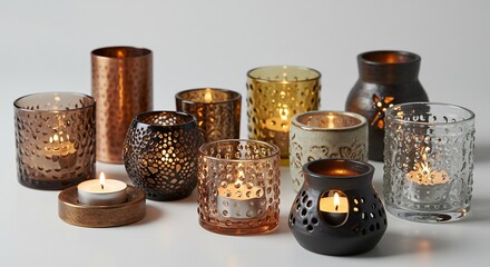 Assorted textured candle holders beautifully display flickering tea lights emitting a warm inviting glow. AI Generated