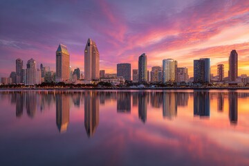 Fototapeta premium City skyline silhouette reflecting in tranquil water during a vibrant, colorful sunset (1)