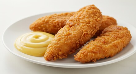 Tempting golden crispy chicken tenders with a creamy smooth dipping sauce on a clean plate studio lighting. AI Generated