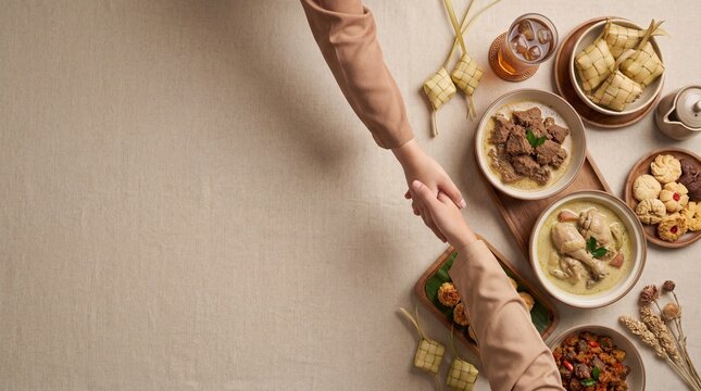 Hands Holding Over Traditional Meal with Various Dishes and Ingredients Opor ketupat rendang nastar