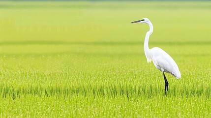 Obraz premium Vast Green Rice Fields with a White Bird in the Center 
