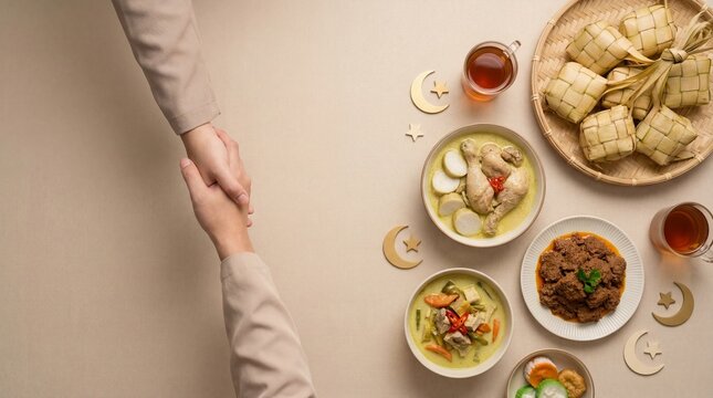 Hands holding over a table with various dishes and beverages Opor ketupat rendang nastar