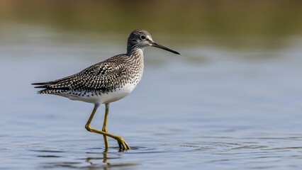 Greater Yellowlegs standing in shallow water with blurred background.