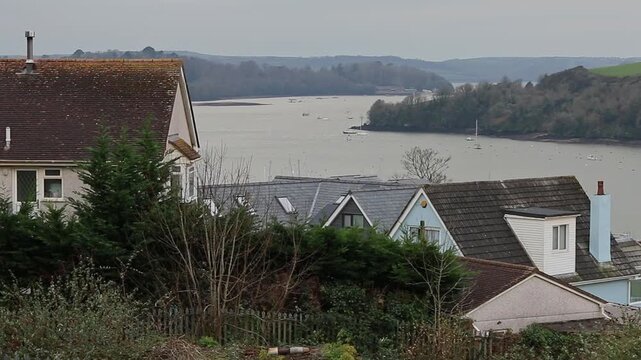 Looking over Devonian rooftops towards the River Tamar in the English county of Devon