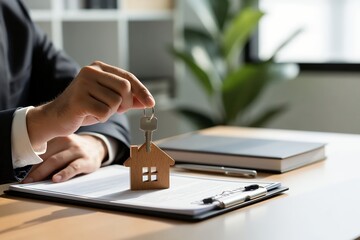 Real estate closing scene with agent handing house key over signed contract document