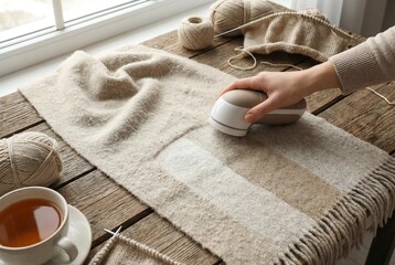 Woman removing fuzz from a beige knitted scarf with a fabric shaver. Home care concept of garment maintenance and textile refreshment.