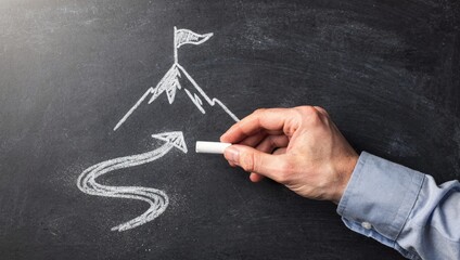 Business goal and success concept. Chalk drawing of mountains and path on a chalkboard.