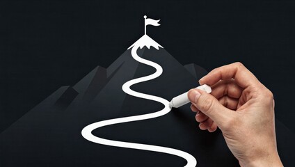 Business goal and success concept. Hand drawing a motivational mountain pathway with a flag at the summit.