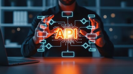 Developer hands interacting with digital API text hologram and flowchart diagram concept of software development and system integration