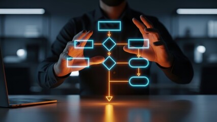 Businessman hands interacting with digital flowchart diagram hologram concept of business process and algorithm logic