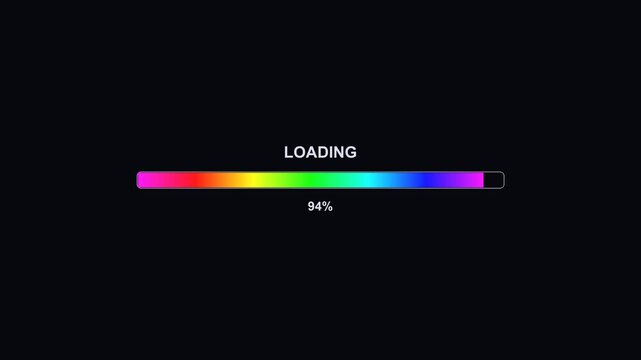 A progress bar animation is displayed on a dark background, indicating loading status. The bar shows colorful segments and reaches 100 percent completion.