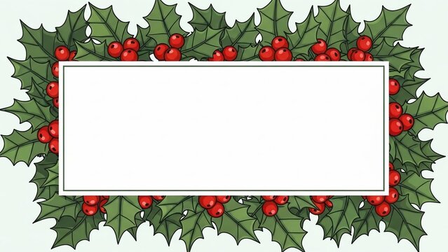 Christmas Holly Border with Red Berries and White Space.