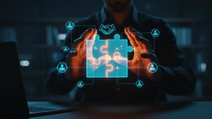 Businessman hands touching digital hologram of puzzle pieces and handshake icon concept of business partnership and teamwork