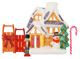 charming snow-covered cottage adorned with festive christmas decorations including a snowman, christmas tree, nutcracker, sled, and candy cane, evoking a whimsical holiday scene.