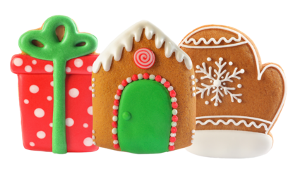 festive christmas gingerbread cookies, including a gift box, house, and mitten, decorated with colorful icing for holiday celebrations.