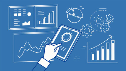 Analytics dashboard with KPIs, graphs and statistical reports, businessperson using tablet computer for business intelligence analysis.