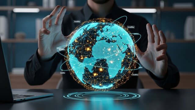 Businessman hands holding glowing digital earth globe hologram with network connection lines concept of global business and communication - Powered by Adobe