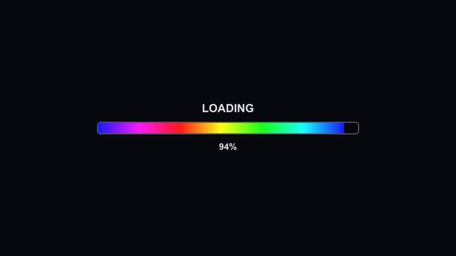 A colorful progressbar animation shows the loading status. The loading fills with multiple colors while indicating a total of one hundred percent completion.