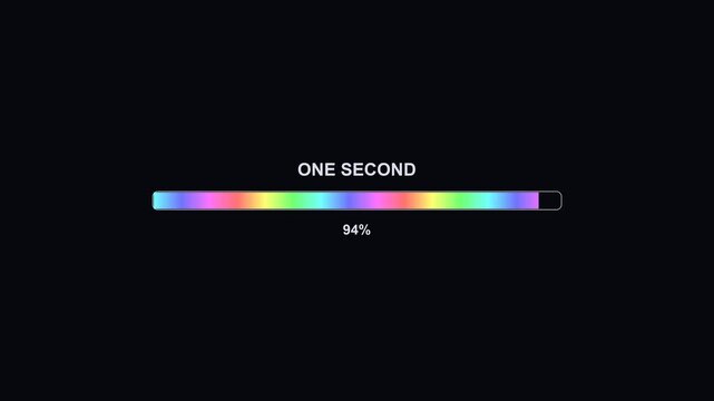 Progressbar animation shows a colorful bar filling up with the text showing one second and a completion message at 100 percent. This is useful for video creators.