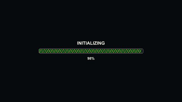 A progress bar animation appears on a dark screen for a streamer or video creator. The bar shows the word initializing and indicates 0 percent. This is a part of the video production process.