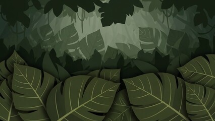 Tropical leaves layered in a dark green gradient background.