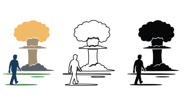 A man walks away from a nuclear explosion in different colors and styles