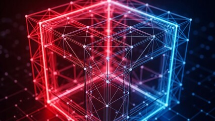 Digital neon cube with red and blue wireframe structure.