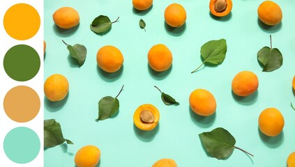 Many ripe apricots and green leaves on turquoise background. Different color patterns