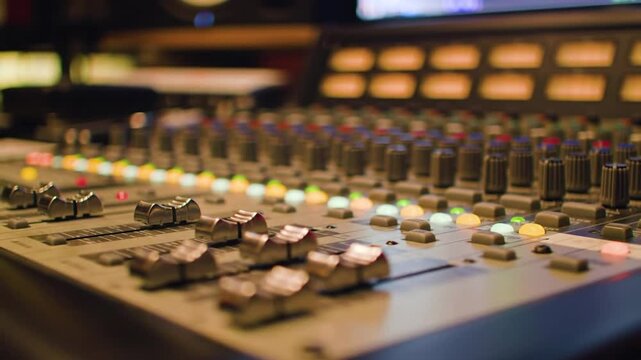 Close-up of a professional o mixing console with illuminated buttons and sliders in a recording studio.
