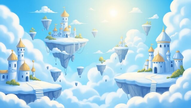 Fantasy landscape with floating islands and castles in the sky.